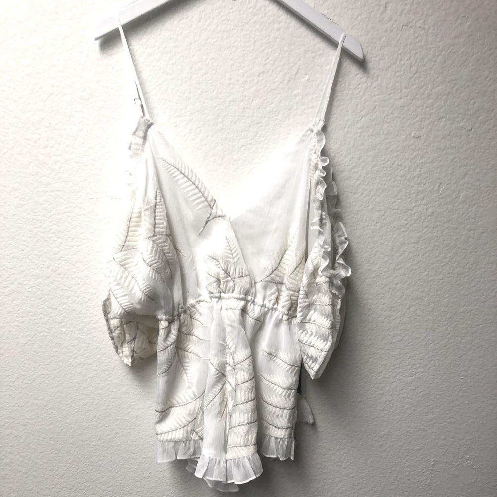 Lovers + Friends White Embroidered Surplice Romper